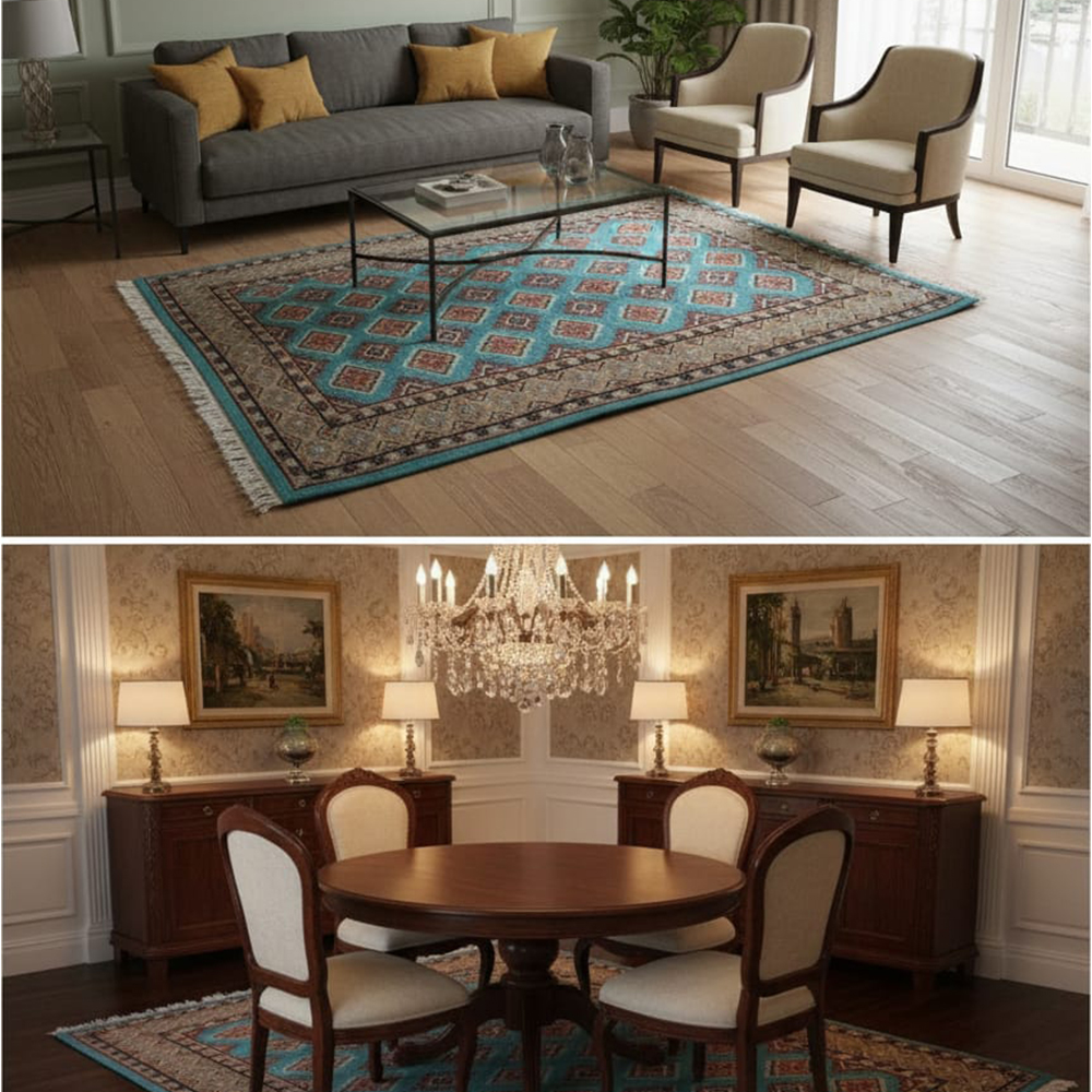 Traditional Turquoise Geometric Panel Rug