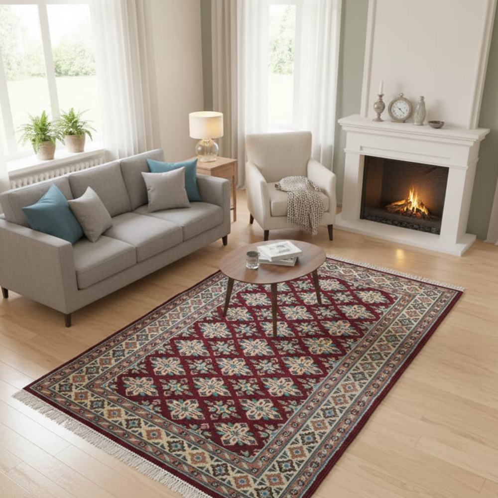 Traditional Burgundy Lattice Geometric Rug