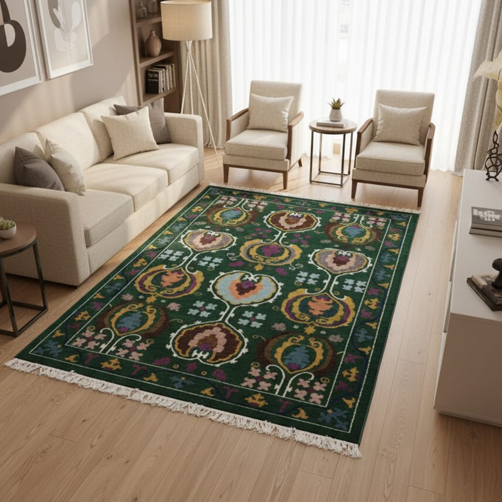 Contemporary Ikat & Floral Emerald Rug
