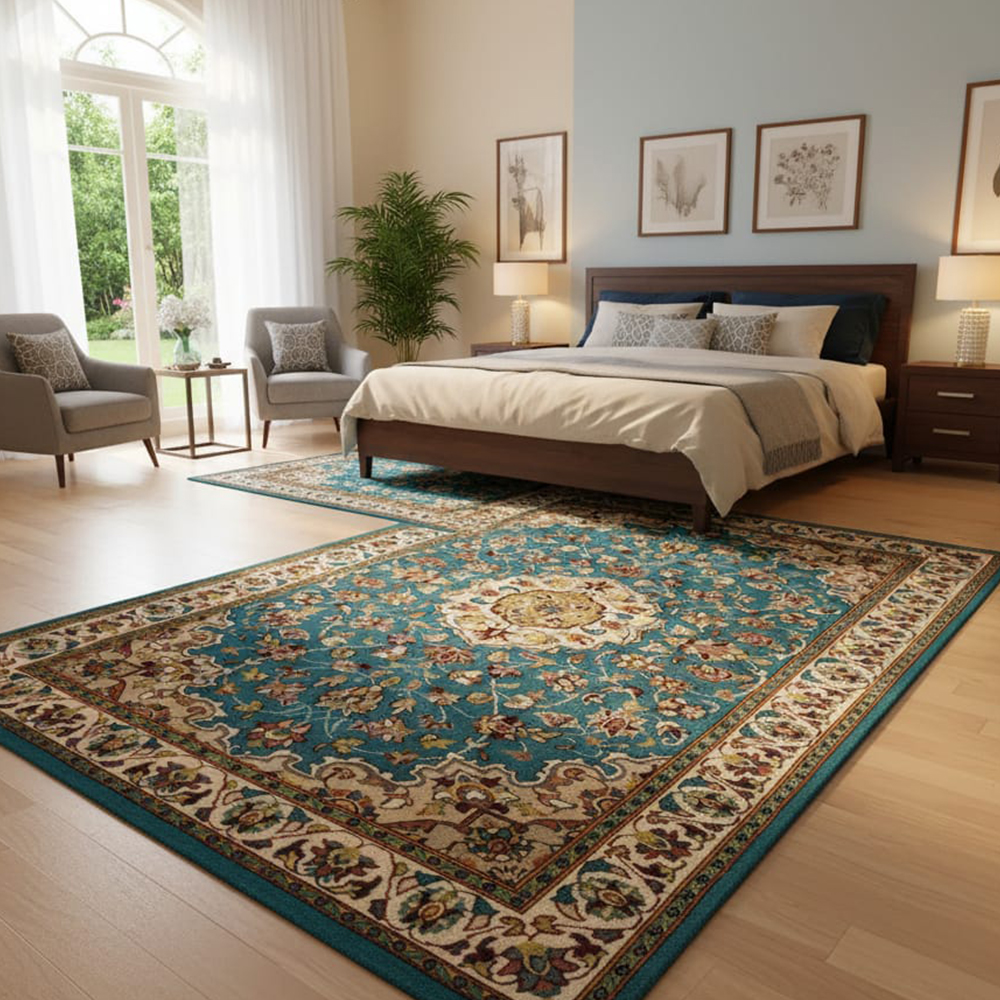 Traditional Teal & Ivory Medallion Rug