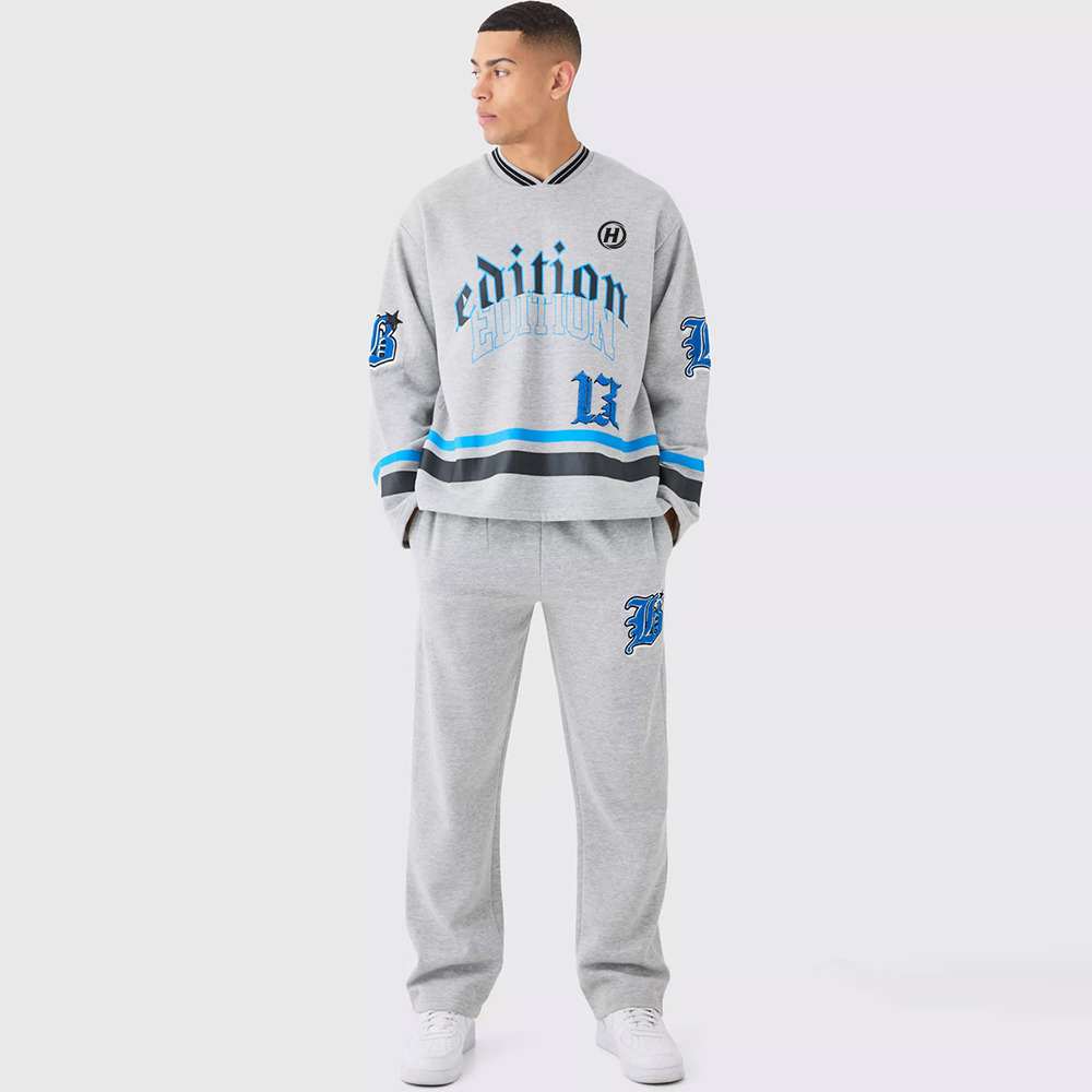 Oversized Varsity Applique V Neck Sweatshirt Tracksuit
